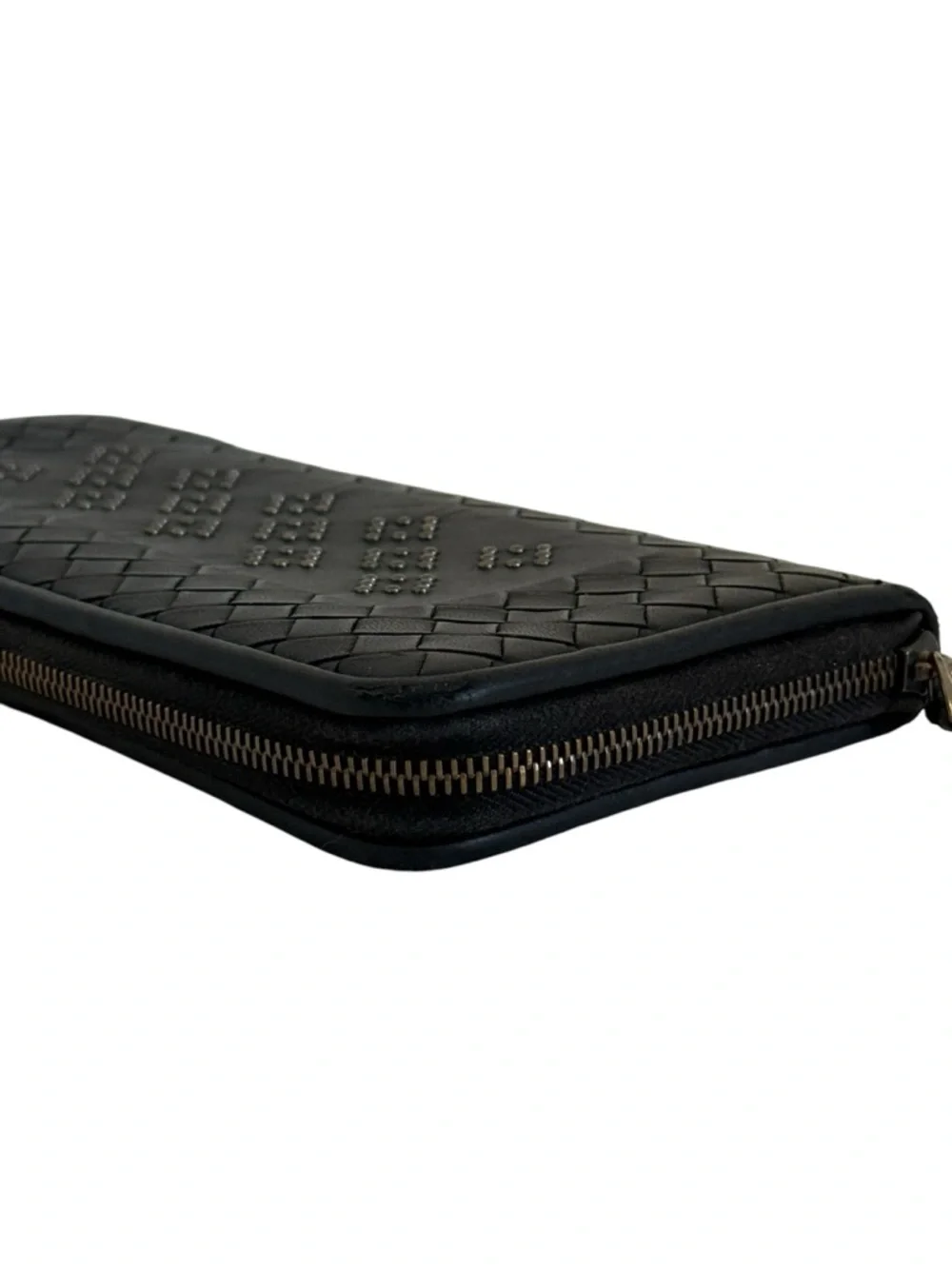 Bottega Veneta Zip Around Wallet Intrecciato‎ Stud Detail Black Leather Long